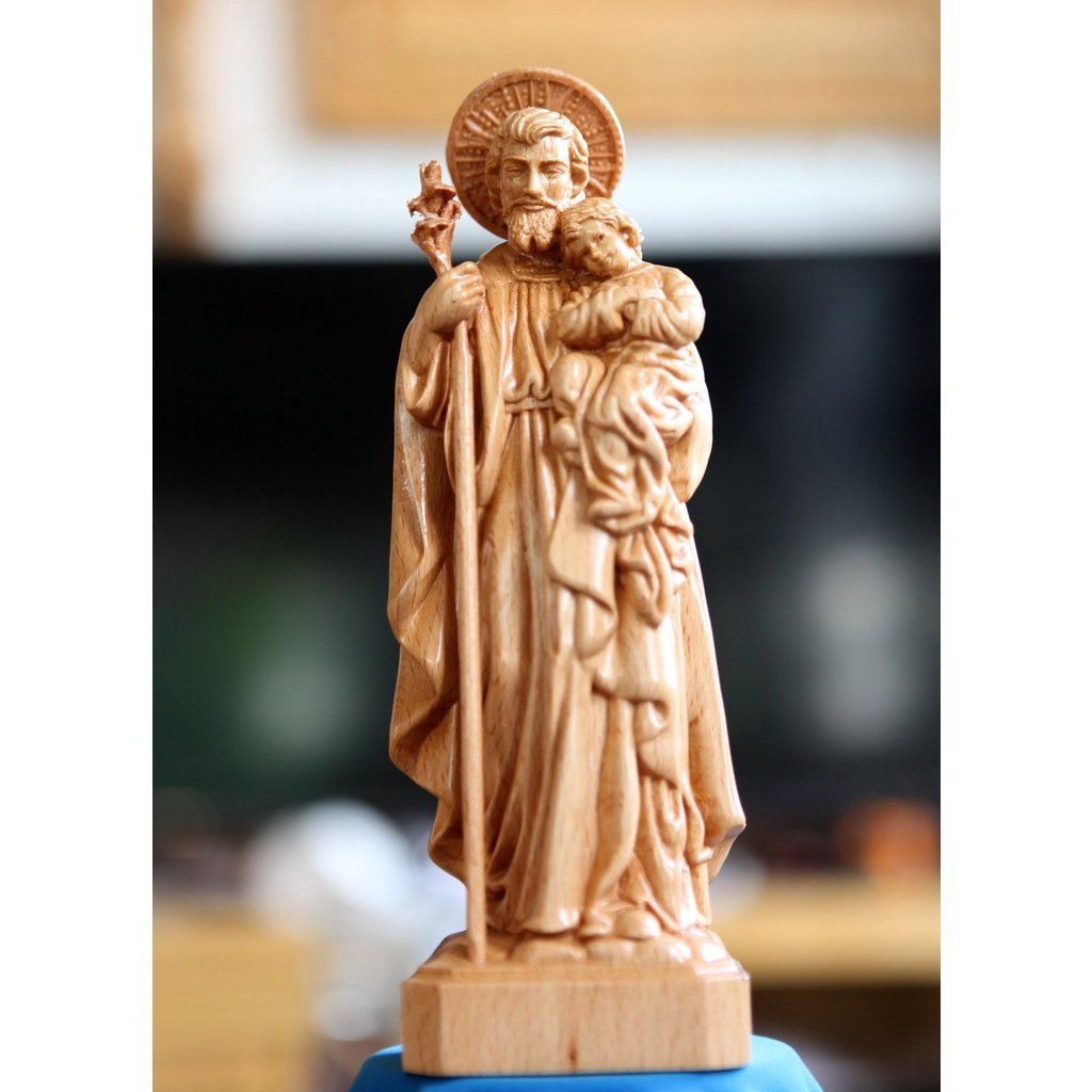 Wooden St. Joseph Statue with Baby Jesus, Catholic Christian Religious Figure for Home or Church